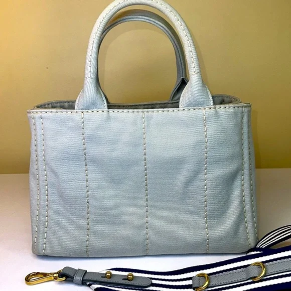 Prada Canapa RARE Slate Gray/Blue Small Tote Original Strap w/ COA - Picture 7 of 15